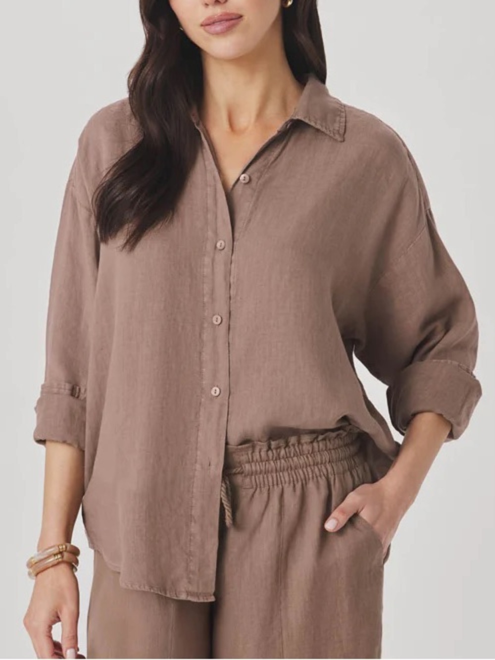 Splendid Stella Linen Button Down Shirt - Tan - Picture 1 of 4
